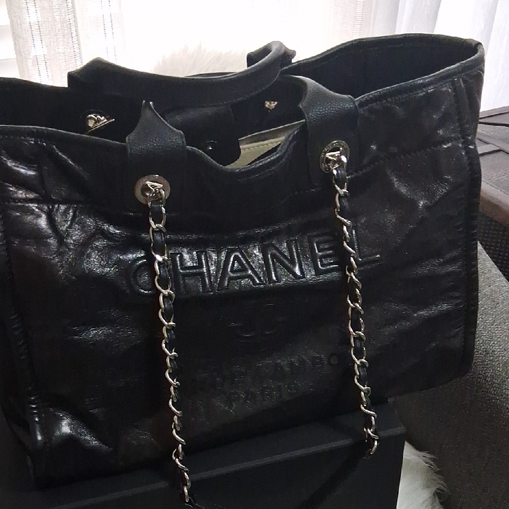 Chanel Black Leather Tote with Silver Chain